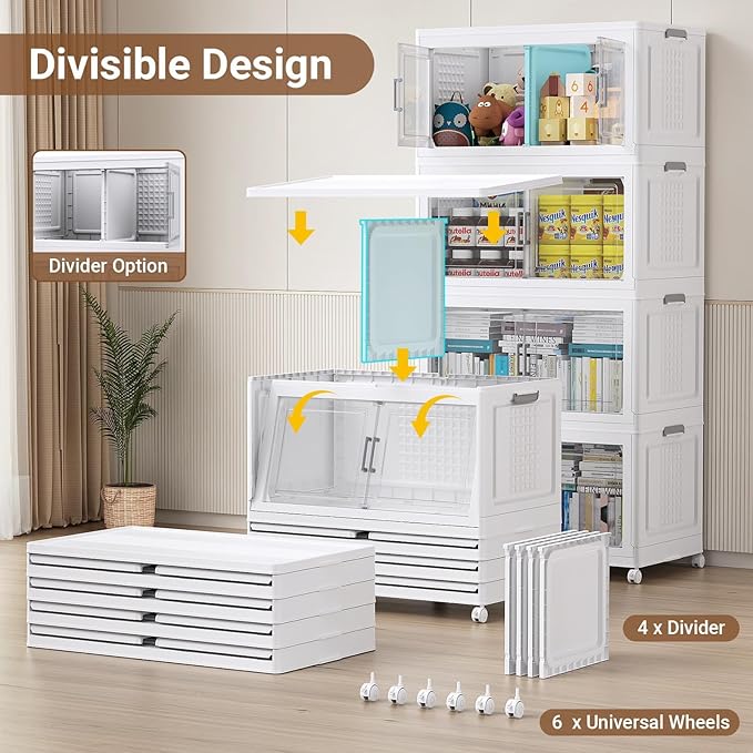 BROVIEW 800Qt Plastic Storage Bins with Lid and Wheels, 4Pack Extra Large Stackable Storage Bins with Dividers,Closet Organizers and Storage Cabinet Collapsible Box Shelves for Home Kitchen,White