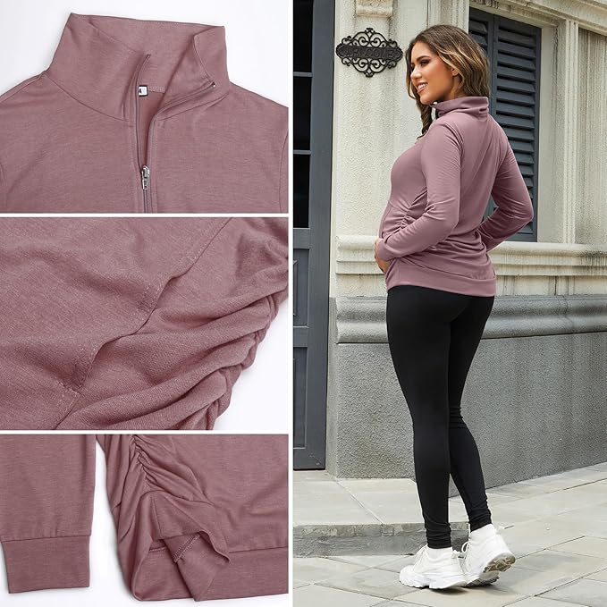 GINKANA Maternity Women's Long Sleeve Shirt Half Zipper Lapel Lightweight Casual Maternity Pullover with Pockets