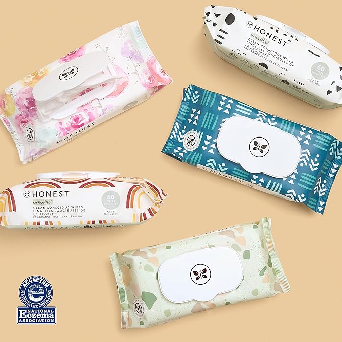 The Honest Company Clean Conscious Multi-Use Wipes Hypoallergenic and Unscented for Sensitive Baby Skin Over 99% Water Compostable Plant Based Baby Wipes Pattern Play 60 Count