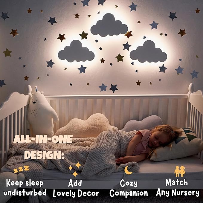 KALEOLI Cloud Night Light for Nursery - Dimmable & Rechargeable Kids Wall Lamp for Bedtime Routines - Crib & Baby Room Decor Nigth Light - 68Pcs Star Wall Decals Included