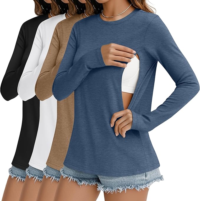 4 Pack Women's Nursing Breastfeeding Tops, Long Sleeve Maternity Shirts Loose Fit Hidden Zipper Pregnancy Clothes