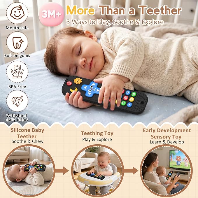 Baby Teething Toys Silicone Baby Remote Teether Over 3 Months - Baby Essentials Sensory Chew Toys - Baby Teether for Teething Relief - BPA Free Infant Toys Baby Shower Gifts (1, Black)