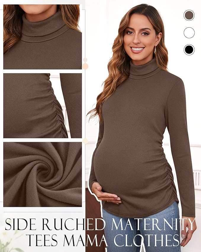 Ficerd 3 Pack Women's Maternity Shirts, Turtleneck Long Sleeve Pregnancy Tops Casual Side Ruched Maternity Tees Mama Clothes