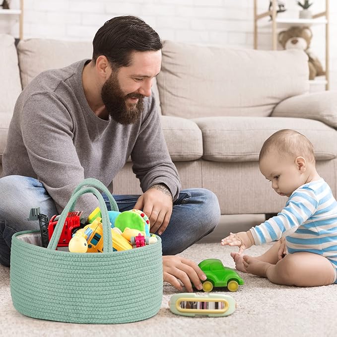 Maliton Diaper Caddy Organizer for Baby, Portable Diaper Storage Organizer for Changing Table and Car, Cotton Rope Nursery Storage Bin Basket for Baby Shower, Newborn Essentials Must Haves - Green