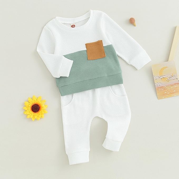 Toddler Baby Boy Fall Clothes Waffle Contrast Color Sweatshirt Pants Sets Infant Winter Outfits 6 12 18 24 Months