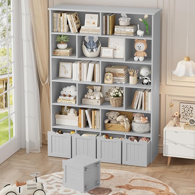 FINETONES 69" H Toy Storage Organizer, 6 Tier Tall Kids Bookshelf with 4 Movable Drawers and 12 Storage Cubbies, 49.4" W Toy Organizers and Storage Organizer Playroom Storage for Kids Room, Grey