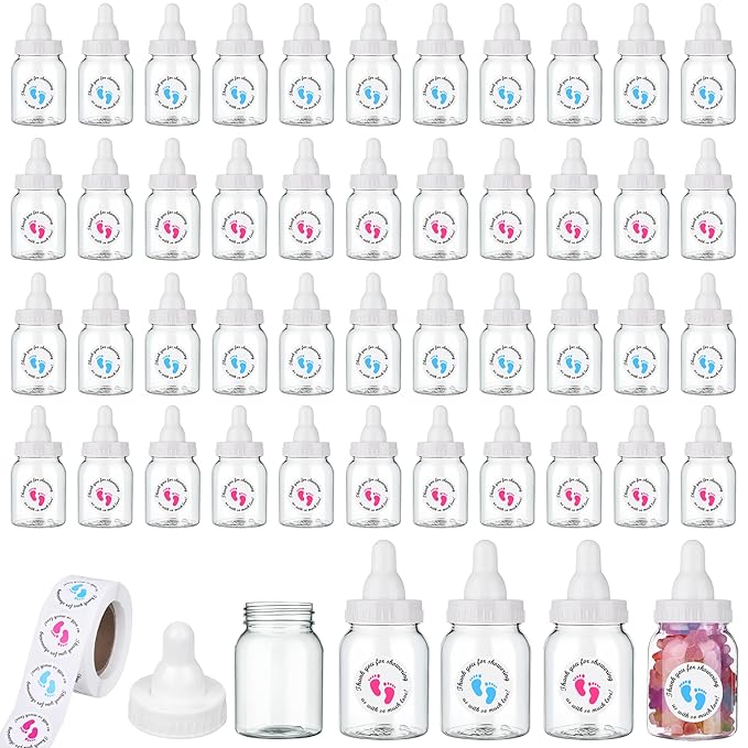62 Pcs 3.5 Inch Baby Mini Milk Bottle Baby Shower Favor with 500 Adhesive Thank You for Showering Stickers, Small Plastic Candy Bottle DIY Gift for Boy Girl Newborn Baptism Party Decor (White)