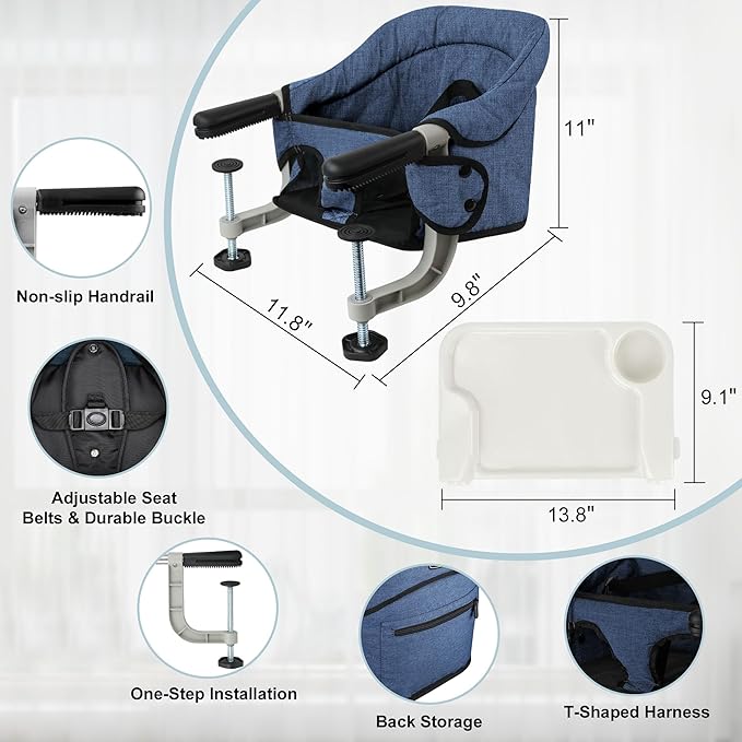 Hook On High Chair, Jozzve Clip on High Chair with Removable Dining Tray for Babies and Toddlers, Fold-Flat Storage Portable Baby Feeding Seat, Attach to Fast Table Chair for Home Travel (Navy)
