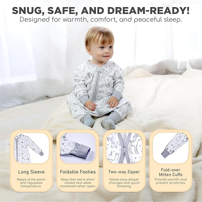 Mama Cheetah Toddler Sleep Sack with Feet, Long Sleeve 1.0 TOG Organic Cotton Baby Sleeping Bag with Legs, Wearable Blanket for Walkers with 2-Way Zipper, Toddler Blanket for Girls and Boys 2T, 2-Pack