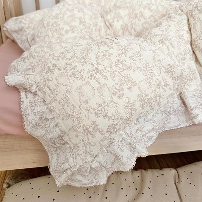 AOJIM Cute Muslin Kids Pillowcase with Forest Themed Pattern, Super Soft Cotton Crib Nursery Pillowcase 1PC for Boys Girls, Ruffled Edges Toddler Bedding for Room Decor, Machine Washable, 14x20 Inches