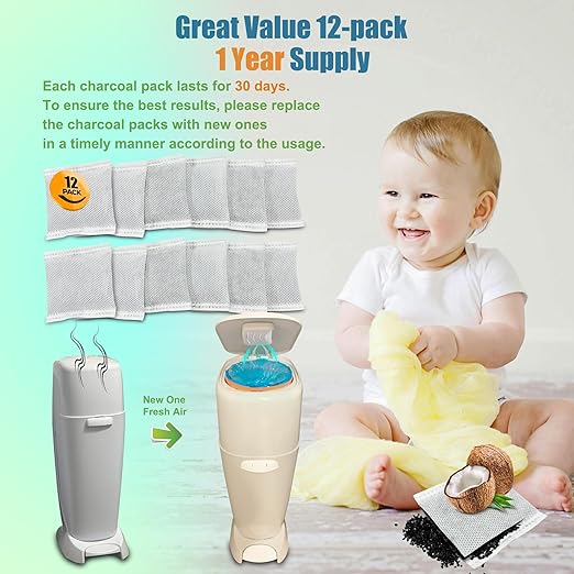 12 Pack Diaper Pail Carbon Filters for Playtex Diaper Genie Complete and Expressions Pail, Charcoal Odor Absorbing Bags for Diaper Genie Diaper Pails with Built-in Odor Controlling Compartment