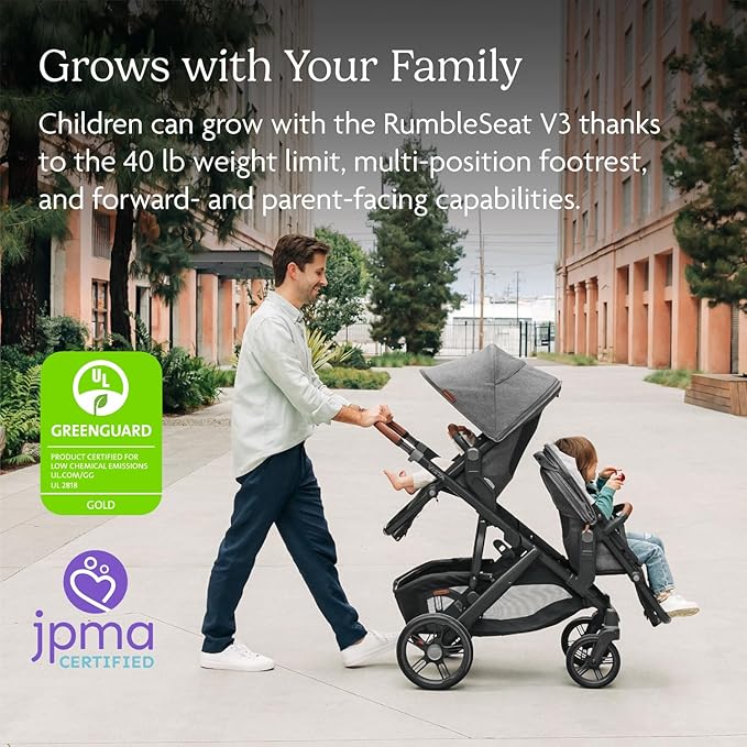 UPPAbaby RumbleSeat V3 Second Lower Seat - Compatible with Vista V2 and Vista V3 - All-Weather Seat + Magnetic Buckle – Adapters Included - Savannah (Pearl Gray Jacquard/Carbon Frame/Chestnut Leather)