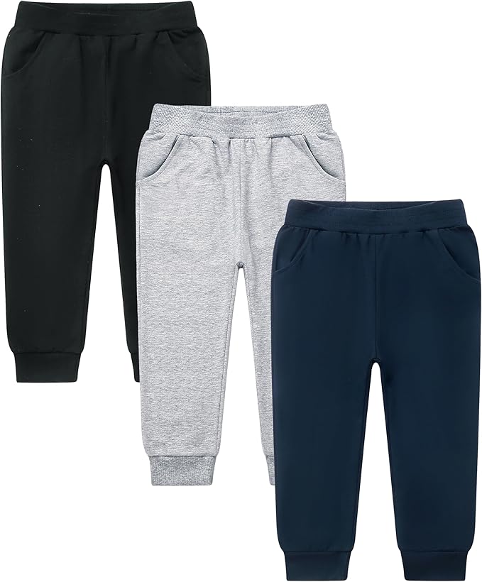 GFQLONG 2/3 Pack Toddler Pants Sweatpants Boys Cotton Joggers, Athletic Pull on Sweat Pants with Pockets for Kids Clothes