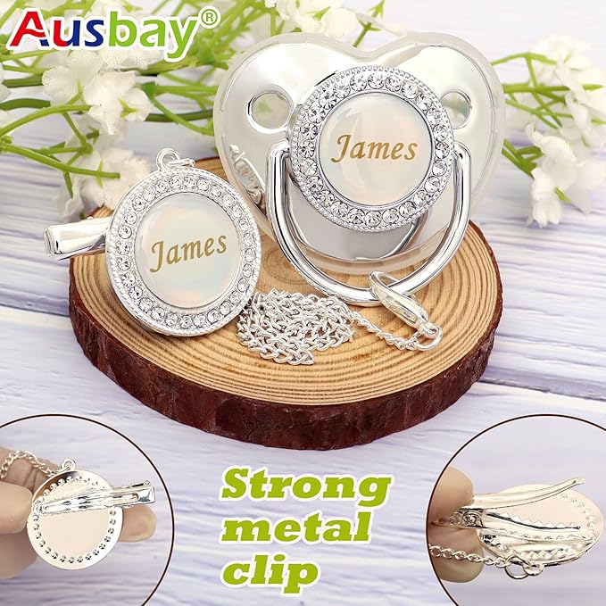 Personalized Pacifier Set with Name, BPA Free, Bling Gold Silver Pink Rose Gold Luxurious Ideal Gift for Newborns (Silvery)