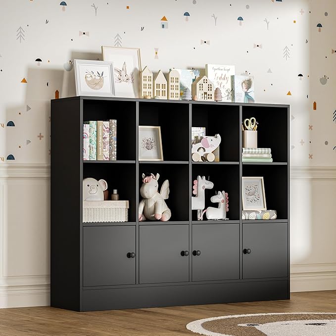Black Bookshelf, Wood Bookcase with 3 Tier Shelves, 12 Cube Storage Organizer with Doors for Bedroom, Living Room, 47.8" W x 39.1" H
