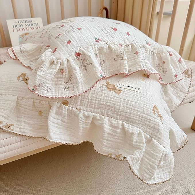 AOJIM Muslin Cotton Kids Toddler Pillowcase with Floral and Rabbit Pattern, Super Soft Comfy Ruffle Edge Nursery Pillowcase for Boys and Girls, Machine Washable Baby Bedding Pillowcase 1pc, 20"x14"