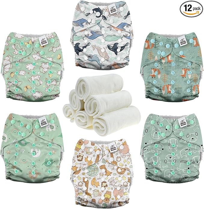 Mama Koala 3.0 Pocket Cloth Diapers for Babies with AWJ Lining, 6 Pack with 6 4-Layer Natural Cloth Diaper Inserts - Reusable and Washable Pocket Diapers (Adorable Animal)