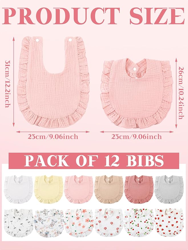 Geyoga 12 Pack Muslin Baby Bibs Adjustable Bandana Drool Bib for Unisex Cotton for Infants Boys Girls Teething