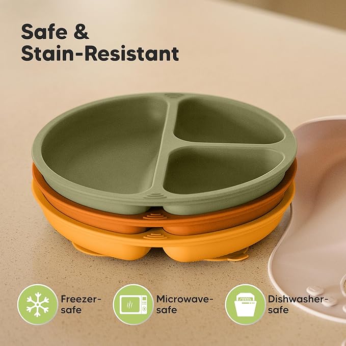 KeaBabies Suction Plates for Baby, Toddler - 3-Pack 100% Silicone Toddler Plates with Suction, Divided, BPA-Free Baby Led Weaning Essentials for Kids, Dishwasher, Microwave Safe, Durable (Harvest)