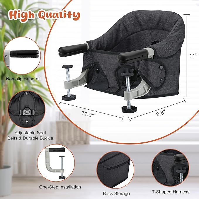 Hook On High Chair, Jozzve Baby High Chair, Portable High Chair for Travel, Foldable Fast Table Chair with Storage Bag, Baby Feeding Seat Clip On High Chair for Home and Travel (Black)