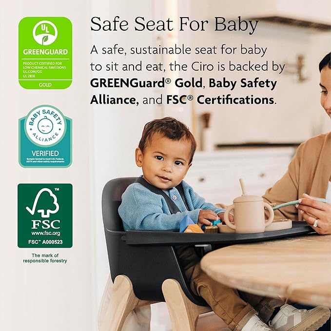 UPPAbaby Ciro High Chair/Sleek, Easy-to-Clean Design/Perfect-Fit Tray to Bring Baby to Table/Patent-Pending Harness/Dual-Position, 180-Degree Rotating Footrest/Caleb (Steel Blue/Rubberwood)