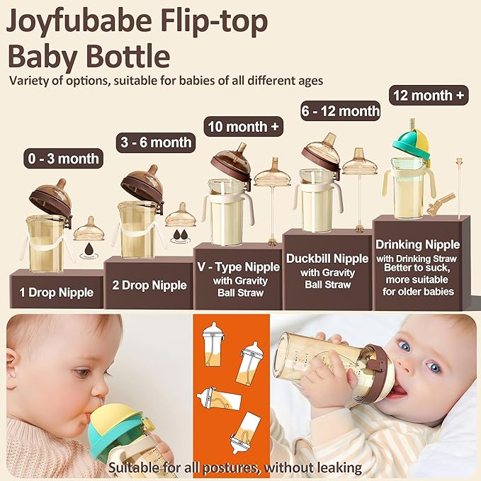 PPSU Baby Bottle, Bottles for Breastfed Babies with Handles and Straw, Flip-top Anti-Colic Baby Bottles 8oz/240mL 6-12 Months