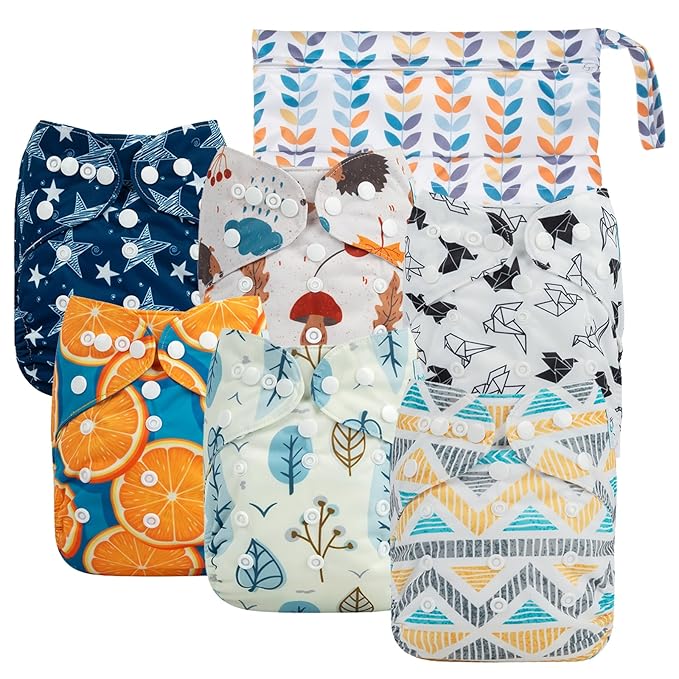 babygoal Cloth Diaper Covers 6 Pack with Wet Bag for Fitted Diapers and Prefolds with Double Gussets, Adjustable and Reusable for Baby Boys 6DCF05