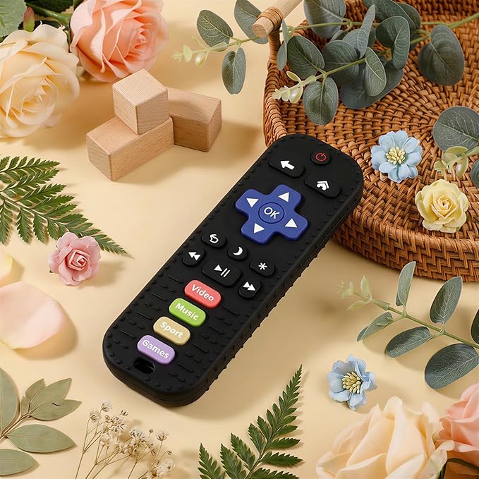 Baby Teething Toys, Remote Control Sensory Teether, Silicone Chew Toy for Teething Relief, BPA-Free Baby Remote Gift for Infants 3-6, 6-12 Months (Black)