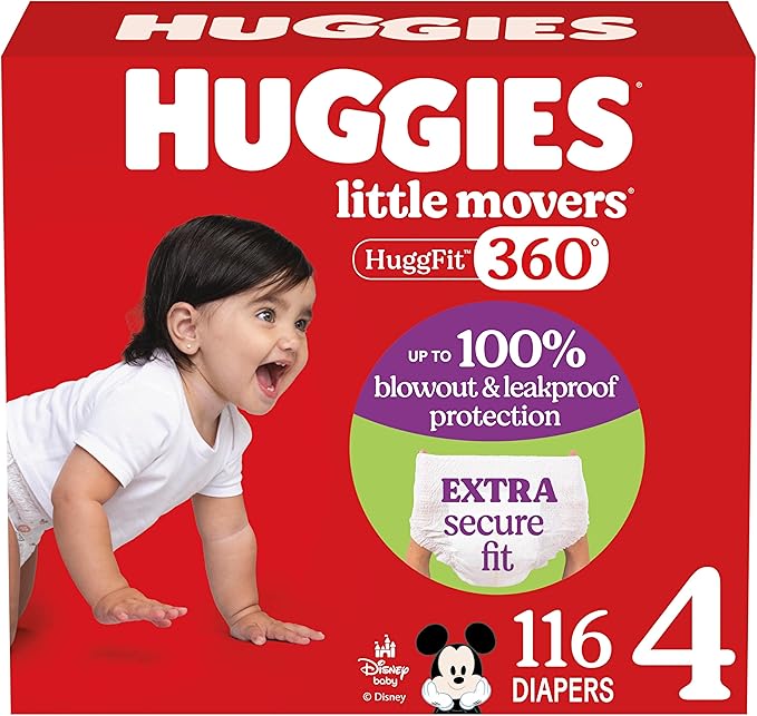 Huggies Size 4 Baby Diapers, Little Movers HuggFit 360° Baby Diapers with 360° Waistband, Size 4 (22-37 lbs), 116 Count, Packaging May Vary