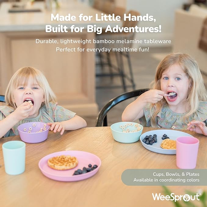WeeSprout Bamboo Plates with Silicone Lids, Set of 4, Kid-Sized Dinnerware, Cereal, Leftovers & Snacks, Dishwasher Safe Melamine Dishware (Blue, Green, Gray, & Beige)