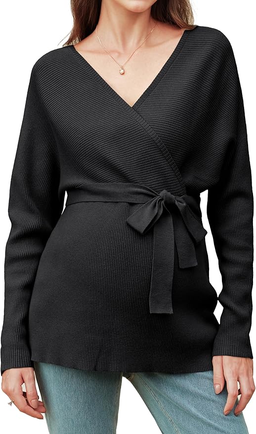 OUGES Womens Soft Cotton Blend Maternity Sweater Wrap V Neck Long Sleeve V Back Fall Shirts Pregnancy Outfits with Belt