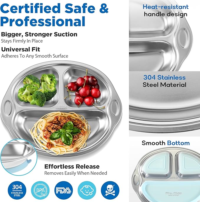 Mrs. Chou® Stainless Steel Kids Plates Suction Plates Divided Baby Plates Toddler Plate, Ideal for Infant Baby-Led Weaning Bowls Non-Toxic Feeding Supplies Dishwasher Safe BPA-Free 100% Food-Grade