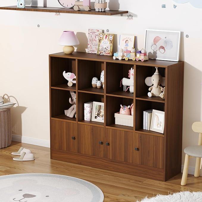 Brown Bookshelf, Wood Bookcase with 3 Tier Shelves, 12 Cube Storage Organizer with Doors for Bedroom, Living Room, 47.8" W x 39.1" H