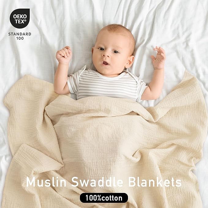 Muslin Swaddle Blankets for Baby Girls and Boys, 4 Pack Breathable and Skin-Friendly Newborn Receiving Blanket, 100% Cotton Swaddle Wrap, Essentials Infant Shower Items, Toddler Gift