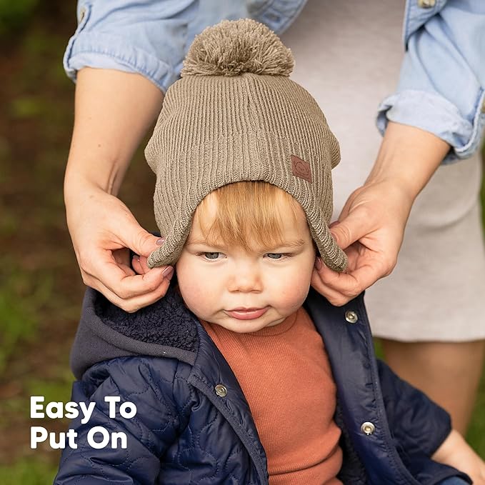 Baby Beanies, Baby Hats for Boys, Girls - Cute Toddler Winter Hat, Soft & Stretchy Beanies for Infant, Newborn 0-6 Months, Cozy & Warm with Earflap Muff & Pom (Taupe, S)