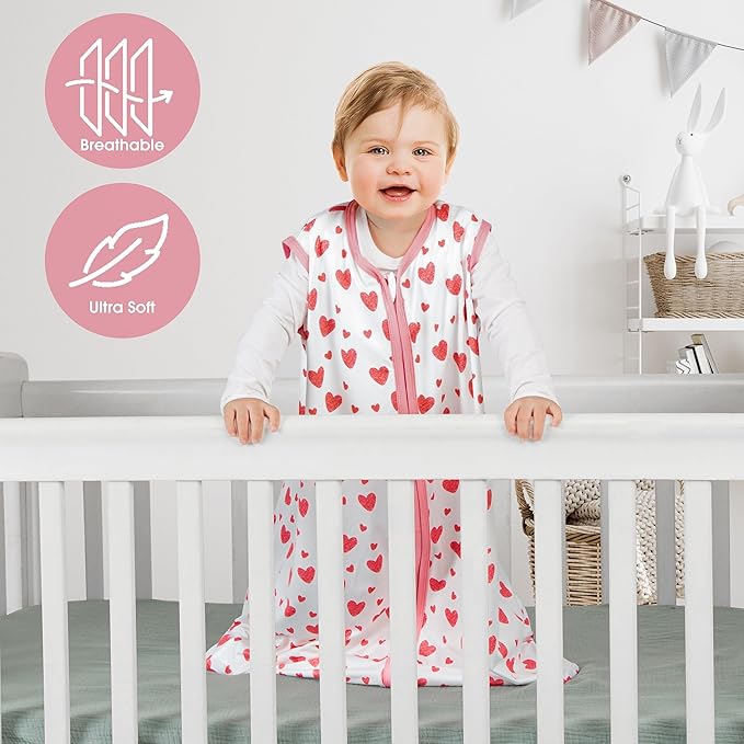 3 Pack Baby Sleep Sack 0-6 Months 100% Rayon Cotton Baby Sleeping Bag 2-Way Zipper Toddler Wearable Blankets Comfy Stretchy Lightweight TOG 0.3 （Heart&Pink&Floral）