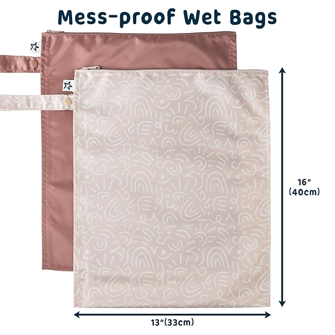 Tiny Twinkle Wet Dry Bag – 2 Pack Reusable Waterproof & Mess Proof Wet Bags for Swimsuits & Travel, Baby Towels & Beach Essentials,a Diaper Bag Must-Have(Zen Garden,Taupe)