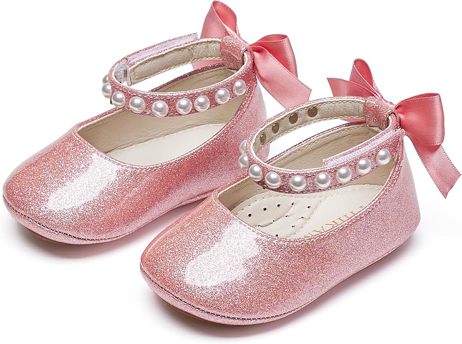 Baby Girls Mary Jane Flats - Infant Newborn Walking Shoes Soft Rubber Sole Princess Wedding