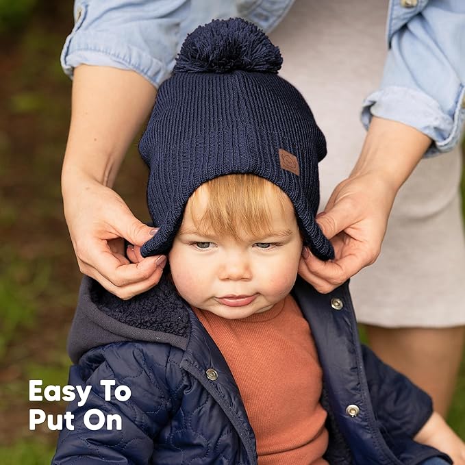 Baby Beanies, Baby Hats for Boys, Girls - Cute Toddler Winter Hat, Soft & Stretchy Beanies for Infant, Newborn 0-6 Months, Cozy & Warm with Earflap Muff & Pom (Navy, S)