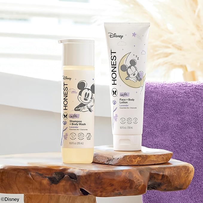 The Honest Company 2-in-1 Cleansing Shampoo and Body Wash and Face and Body Lotion Bundle and Disney Design Gentle Enough for Baby Dermatologist Tested Calm Lavender 18.5 fl oz