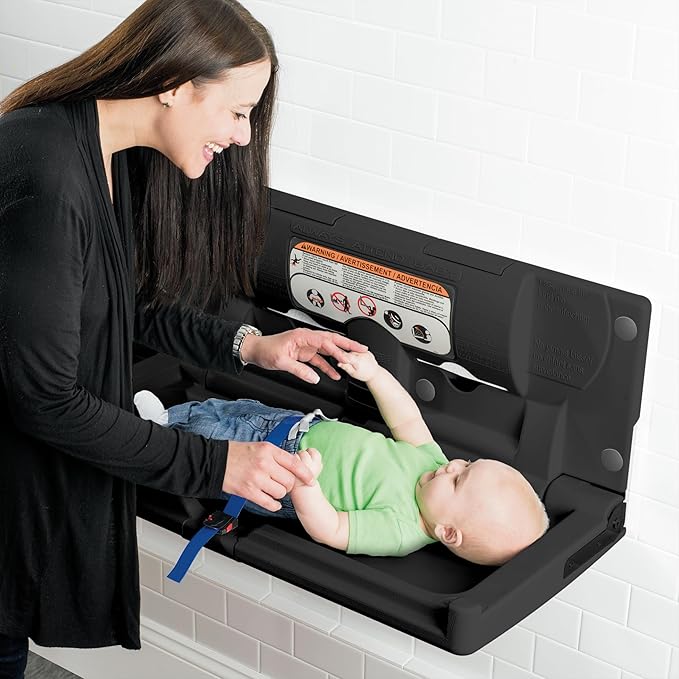 Foundations Classic Horizontal Wall-Mounted Baby Changing Station for Commercial Restrooms, Includes One Handed Adjustable Safety Strap & Liner Dispenser, Black (100-EH-02)