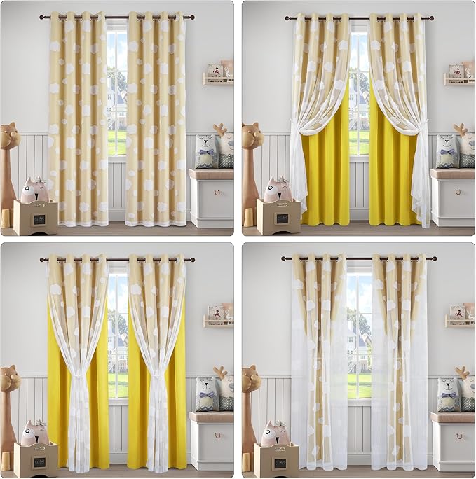 Yellow Double Layer Curtains for Bedroom Room Darkening Kids Curtains 95 Inches Long Cloud Pattern Sheer Curtains Grommet Top for Living Room Set of 2 Panels, 52 X 95 Inch