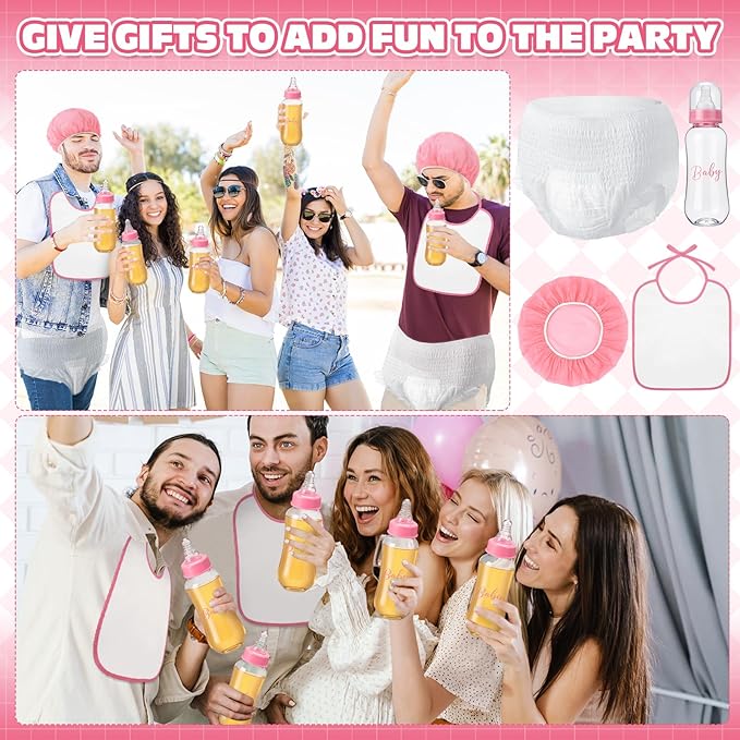 6 Sets Bottle Chug Baby Shower Games Juegos Para Plastic Baby Bottles Bibs Hat Disposable Diapers Gender Reveal Games Baby Changing Diaper Race Game Decoration (Pink)