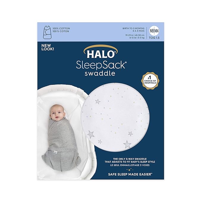 HALO 100% Cotton Sleepsack Swaddle, 3-Way Adjustable Wearable Blanket, TOG 1.5, Stardust, Newborn, 0-3 Months