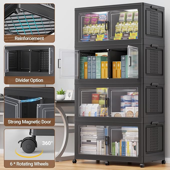 BROVIEW 800Qt Plastic Storage Bins with Lid and Wheels, 4Pack Extra Large Stackable Storage Bins with Dividers,Closet Organizers and Storage Cabinet Collapsible Box Shelves for Home Kitchen,Black