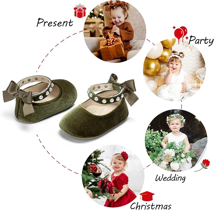 Baby Girls Mary Jane Flats - Infant Newborn Walking Shoes Soft Rubber Sole Princess Wedding