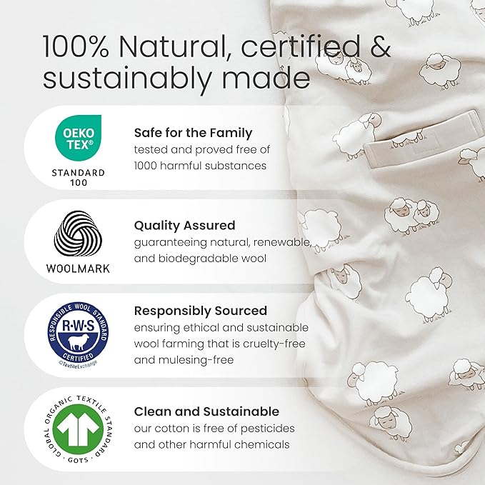 Woolino Toddler Sleeping Sack, 4 Season, Merino Wool and Organic Cotton, Baby Sleep Bag, 2-4 Years, Snowboarder