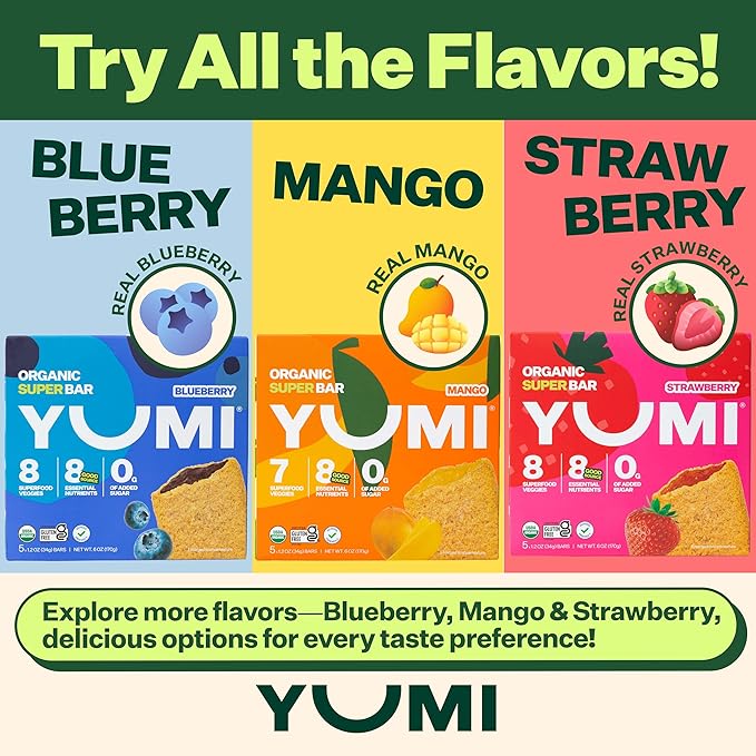 YUMI Organic Breakfast Superbar, Gluten-Free, No Added Sugar, 7+ Vegetables, Soft-Baked Crust, Healthy Snack Bars for Kids, School Safe, Healthy Alternative to Granola Bars or Cereal Bars, Blueberry (30ct)