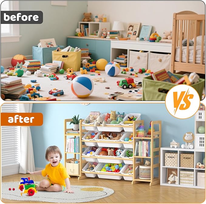 Large Toy Storage Organizer Kids Toy Organizer and Bookshelf Combo with 12 Bins and 6 Shelves Toy Organization Box Toy Shelf for Playroom, Bedroom, Nursery