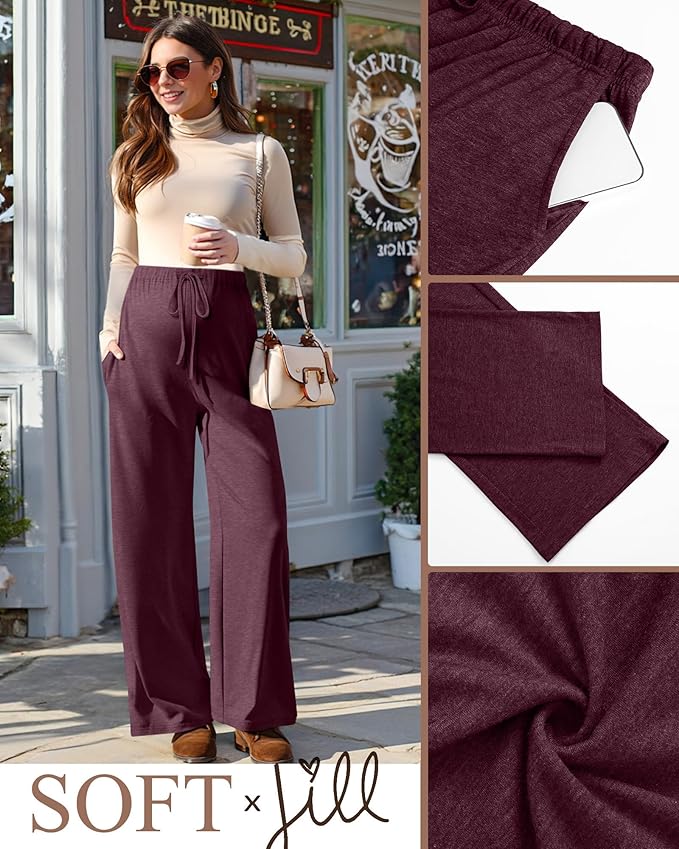 3 Pack Maternity Pants for Women Over The Belly Lounge Work Pregnancy Pants Drawing Wide Leg Trousers with Pockets